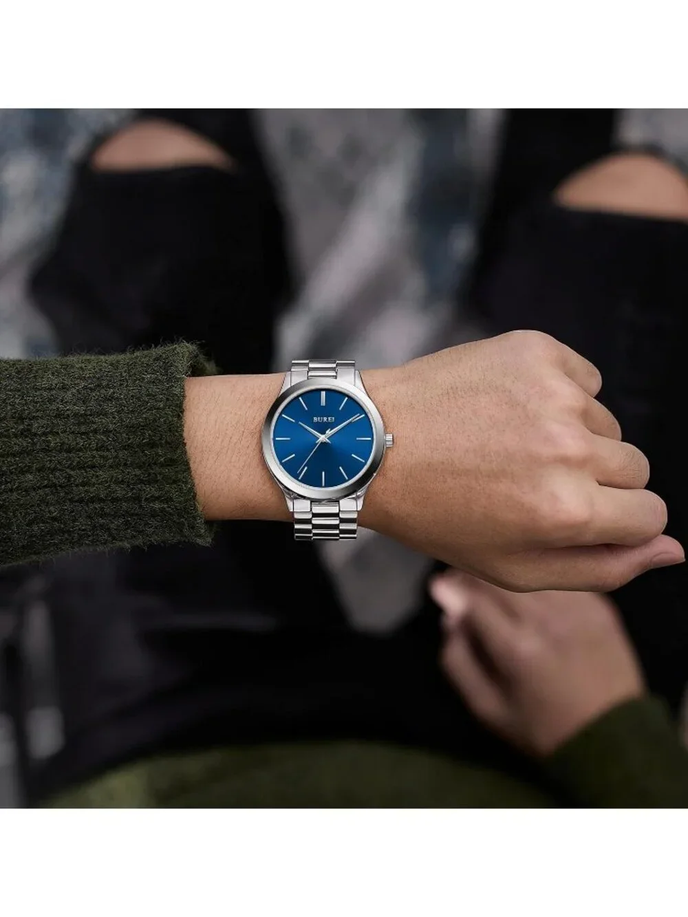 Men's Silver Blue Analog Quartz Stainless Steel Waterproof Round Luxury Watch